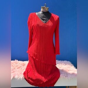 Connected Apparel Red Plissé Tiered Midi Dress - Long Sleeve V-Neck Size 8